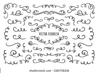 Flourish frame, corners and dividers. Decorative flourishes corner, calligraphic divider and ornate scroll swirls. Vignette dividers, ornamental flourish ink borders. Isolated vector symbols set