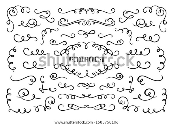 Flourish frame, corners and dividers. Decorative
flourishes corner, calligraphic divider and ornate scroll swirls.
Vignette dividers, ornamental flourish ink borders. Isolated vector
symbols set