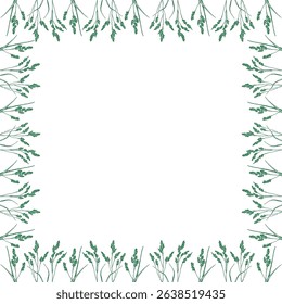 Flourish frame with monochrome elements. Trendy botany graphic template. Grass empty frame box