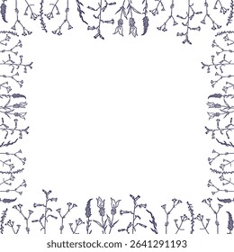 Flourish frame with monochrome elements. Trendy botany graphic template. Grass empty frame box