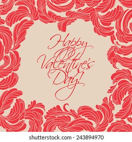 Flourish frame in red with greetings text in the middle. Happy Valentine`s Day. 