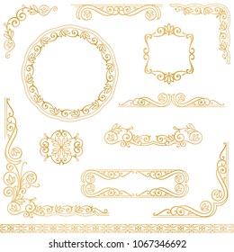 Flourish gold border corner and frame collection. Decorative elements for design invitations, frames, menus