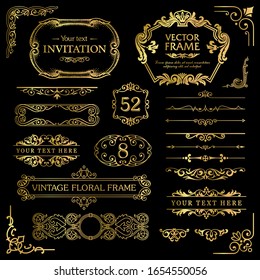 Flourish gold border corner and frame collection. Decorative elements for design invitations, frames, menus