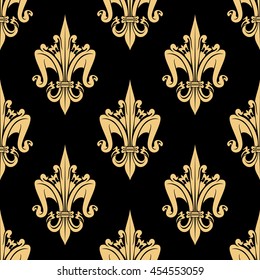 Flourish golden beige fleur-de-lis seamless pattern ornamental elements isolated on black. For royal heraldic themes or textile, interior or design.