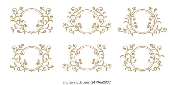 Flourish golden monogram circle frames. Vintage border set isolated vector illustration