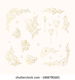 Flourish Golden Ornate Corners With Flowers. Floral Bouquets For Wedding Card. Vector Isolated Gold Elegant Foliage Borders.