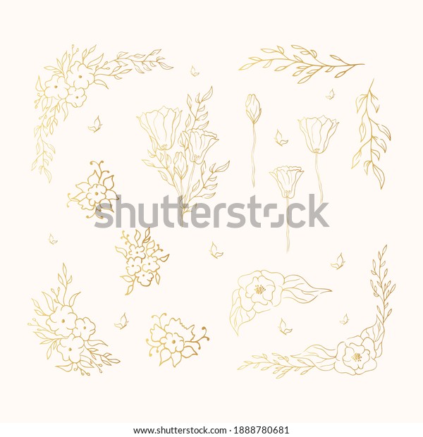Flourish golden ornate corners with flowers.\
Floral bouquets for wedding card. Vector isolated gold elegant\
foliage borders.