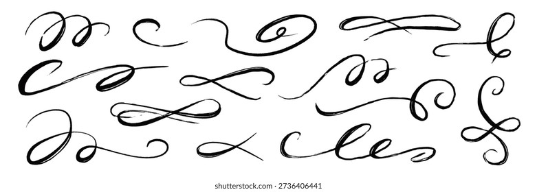 Flourish hand drawn swash line set. Flourish line calligraphy hand drawn pen ink brush thin stroke curve..Elegant vintage doodle swirl scroll underline text decoration design. Vector illustration.