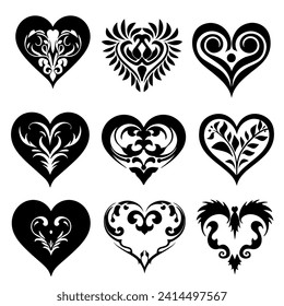 Flourish diseño de corazón para el concepto de San Valentín. Formas de corazones decorativos para tarjetas de regalo, adornos de grabado y corte. Iconos románticos
