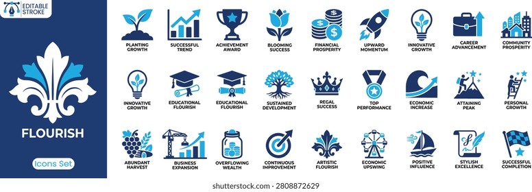 Flourish icon set. Containing planting growth, achievement award, financial prosperity, sustained development, continuous improvement and more. Solid vector icons collection