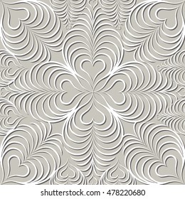 Flourish lace line pattern. Abstract floral geometric seamless  background. Fantastic flowers and hearts ornament