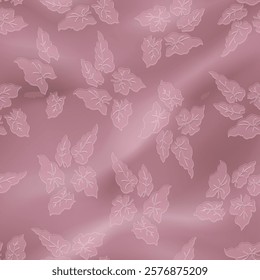 Flourish leaves ornament over soft silk folds background. The texture of textile pattern with flourish nature garden motif decor. Floral pattern.