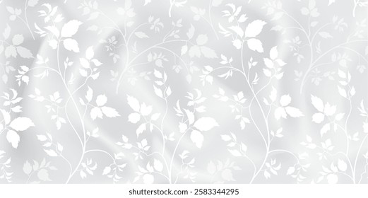 Flourish leaves ornament over soft silk folds background. The texture of textile pattern with flourish nature garden motif decor. Floral pattern.