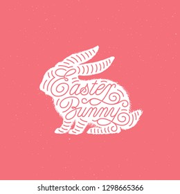 Flourish lettering Easter Bunny in silhouette of bunny for greeting card, invitation, poster, banner template. Vector illustration.