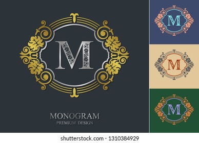 Flourish Monogram design elements ornamental frame. Vintage ornament greeting card vector template. Retro wedding invitation, advertising or other design and place for text