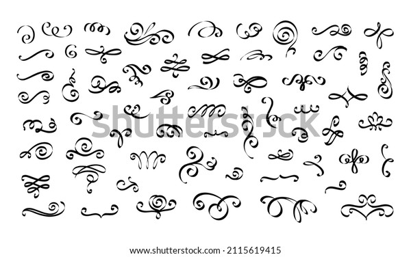 Flourish ornament elements. Calligraphy decorative\
fancy swirl drawing. Typography curve swash lines and spirals.\
Elegant dividers and vignettes. Vector isolated embellish sketches\
set