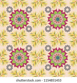 Flourish ornamental spring garden texture. Floral pattern. Vector illustration. Flowers on neutral, yellow and green colors. Flower seamless on neutral, yellow and green colors.