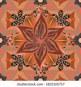 Flourish ornamental spring garden texture. Vector illustration. Flowers on orange, neutral and gray colors. Floral pattern. Flower seamless on orange, neutral and gray colors.