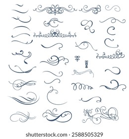 Flourish ornaments set, line style calligraphic collection. Filigree calligraphic ornamental curls. Decorative retro design elements for menu, certificate diploma, wedding invitation card, 