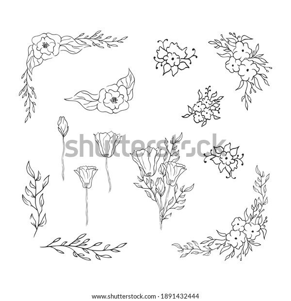 Flourish\
ornate corners with flowers. Floral bouquets for wedding card.\
Vector isolated elegant foliage\
borders.	