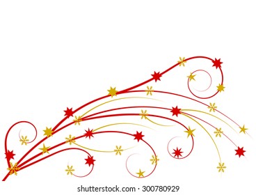 Flourish pattern with stars and snowflakes in red and gold on a white background in a landscape format
