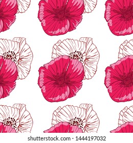 Flourish poppies pattern in line art style. Poppy flower line art. Botanical seamless vector texture. Colorful background blossoming bloomy vector. Wildflowers handcrafted artsy poppy surface design