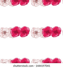 Flourish poppies pattern in line art style. Poppy flower line art. Botanical seamless vector texture. Colorful background blossoming bloomy vector. Wildflowers handcrafted artsy poppy surface design