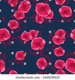 Flourish poppies pattern in line art style. Poppy flower line art. Botanical seamless vector texture. Colorful background blossoming bloomy vector. Wildflowers handcrafted artsy poppy surface design