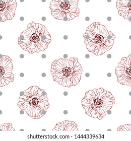 Flourish poppies pattern in line art style. Poppy flower line art. Botanical seamless vector texture. Colorful background blossoming bloomy vector. Wildflowers handcrafted artsy poppy surface design