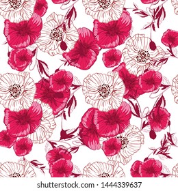 Flourish poppies pattern in line art style. Poppy flower line art. Botanical seamless vector texture. Colorful background blossoming bloomy vector. Wildflowers handcrafted artsy poppy surface design