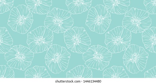 Flourish poppies pattern in line art style. Poppy flower line art. Botanical seamless vector texture. Colorful background blossoming bloomy vector. Wildflowers handcrafted artsy poppy surface design