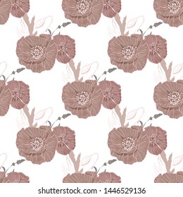 Flourish poppies pattern in line art style. Poppy flower line art. Botanical seamless vector texture. Colorful background blossoming bloomy vector. Wildflowers handcrafted artsy poppy surface design