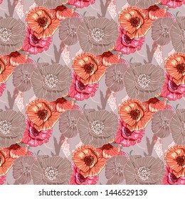 Flourish poppies pattern in line art style. Poppy flower line art. Botanical seamless vector texture. Colorful background blossoming bloomy vector. Wildflowers handcrafted artsy poppy surface design