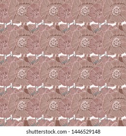 Flourish poppies pattern in line art style. Poppy flower line art. Botanical seamless vector texture. Colorful background blossoming bloomy vector. Wildflowers handcrafted artsy poppy surface design