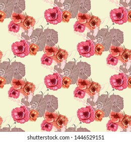 Flourish poppies pattern in line art style. Poppy flower line art. Botanical seamless vector texture. Colorful background blossoming bloomy vector. Wildflowers handcrafted artsy poppy surface design