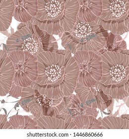 Flourish poppies pattern in line art style. Poppy flower line art. Botanical seamless vector texture. Colorful background blossoming bloomy vector. Wildflowers handcrafted artsy poppy surface design