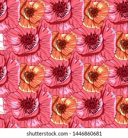 Flourish poppies pattern in line art style. Poppy flower line art. Botanical seamless vector texture. Colorful background blossoming bloomy vector. Wildflowers handcrafted artsy poppy surface design