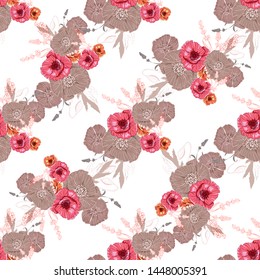 Flourish poppies pattern in line art style. Poppy flower line art. Botanical seamless vector texture. Colorful background blossoming bloomy vector. Wildflowers handcrafted artsy poppy surface design