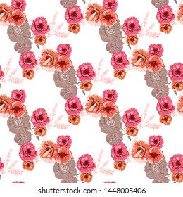 Flourish poppies pattern in line art style. Poppy flower line art. Botanical seamless vector texture. Colorful background blossoming bloomy vector. Wildflowers handcrafted artsy poppy surface design
