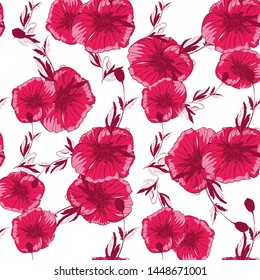 Flourish poppies pattern in line art style. Poppy flower line art. Botanical seamless vector texture. Colorful background blossoming bloomy vector. Wildflowers handcrafted artsy poppy surface design