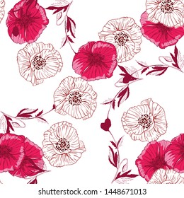 Flourish poppies pattern in line art style. Poppy flower line art. Botanical seamless vector texture. Colorful background blossoming bloomy vector. Wildflowers handcrafted artsy poppy surface design