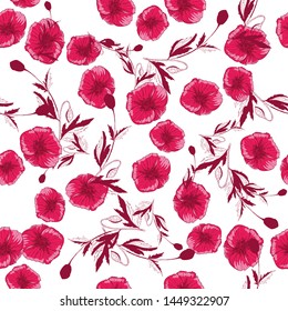 Flourish poppies pattern in line art style. Poppy flower line art. Botanical seamless vector texture. Colorful background blossoming bloomy vector. Wildflowers handcrafted artsy poppy surface design