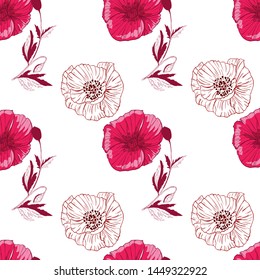 Flourish poppies pattern in line art style. Poppy flower line art. Botanical seamless vector texture. Colorful background blossoming bloomy vector. Wildflowers handcrafted artsy poppy surface design