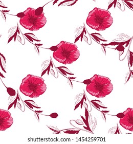 Flourish poppies pattern in line art style. Poppy flower line art. Botanical seamless vector texture. Colorful background blossoming bloomy vector. Wildflowers handcrafted artsy poppy surface design