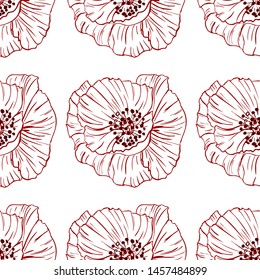 Flourish poppies pattern in line art style. Poppy flower line art. Botanical seamless vector texture. Colorful background blossoming bloomy vector. Wildflowers handcrafted artsy poppy surface design