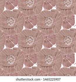 Flourish poppies pattern in line art style. Poppy flower line art. Botanical seamless vector texture. Colorful background blossoming bloomy vector. Wildflowers handcrafted artsy poppy surface design