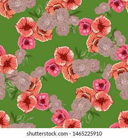 Flourish poppies pattern in line art style. Poppy flower line art. Botanical seamless vector texture. Colorful background blossoming bloomy vector. Wildflowers handcrafted artsy poppy surface design