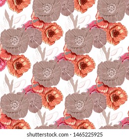Flourish poppies pattern in line art style. Poppy flower line art. Botanical seamless vector texture. Colorful background blossoming bloomy vector. Wildflowers handcrafted artsy poppy surface design