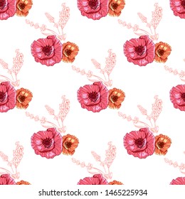 Flourish poppies pattern in line art style. Poppy flower line art. Botanical seamless vector texture. Colorful background blossoming bloomy vector. Wildflowers handcrafted artsy poppy surface design