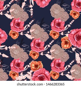 Flourish poppies pattern in line art style. Poppy flower line art. Botanical seamless vector texture. Colorful background blossoming bloomy vector. Wildflowers handcrafted artsy poppy surface design
